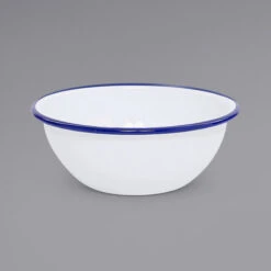 Crow Canyon Home V17BLU Vintage 20 Oz. White Round Enamelware Bowl With Blue Rolled Rim