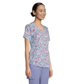 Women's Curved V-neck Print Scrub Top - Petal Peace